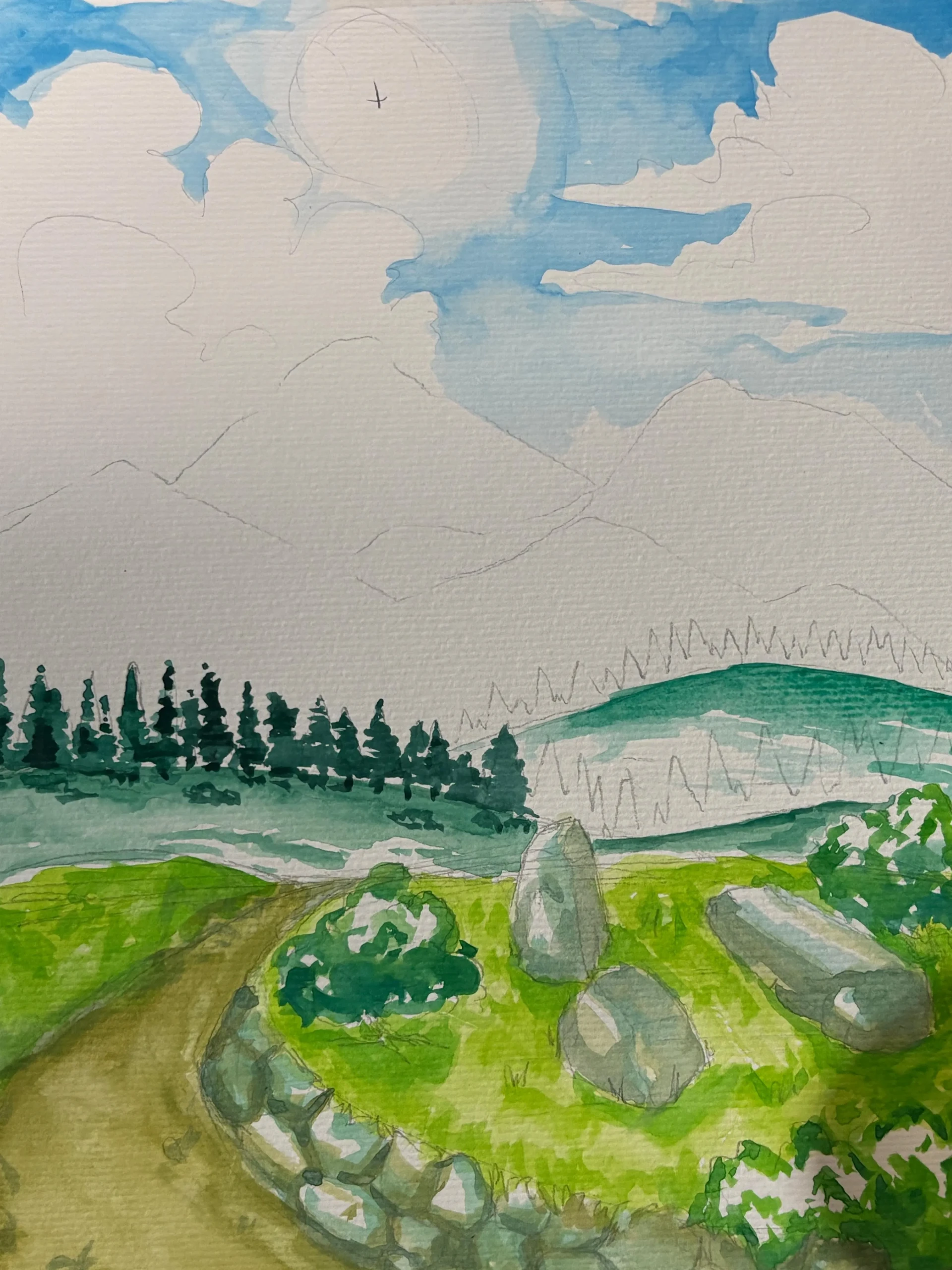 peindre les collines d’un paysage en perspective atmosphérique à l’aquarelle
