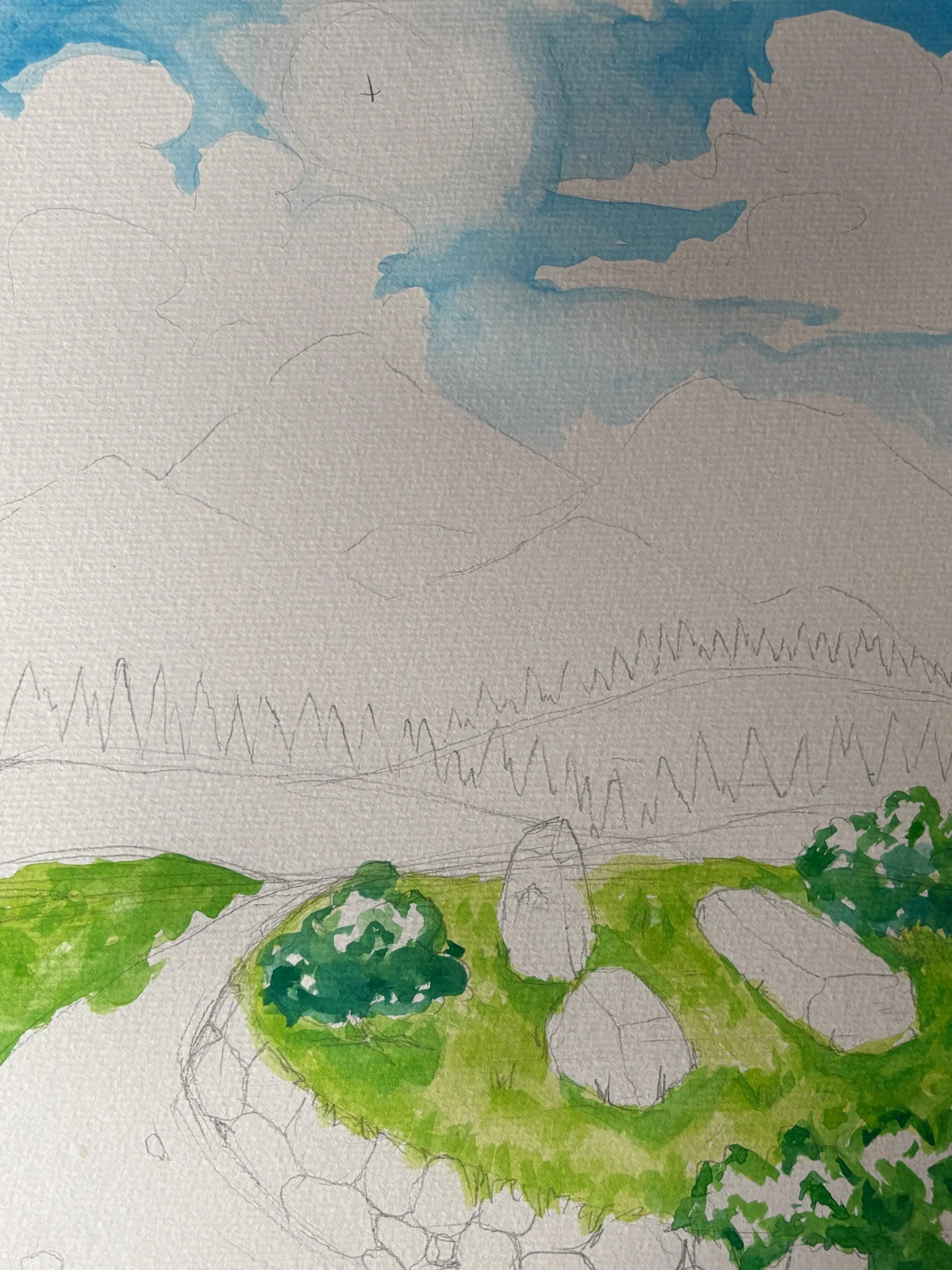 peindre l’herbe d’un paysage en perspective atmosphérique à l’aquarelle