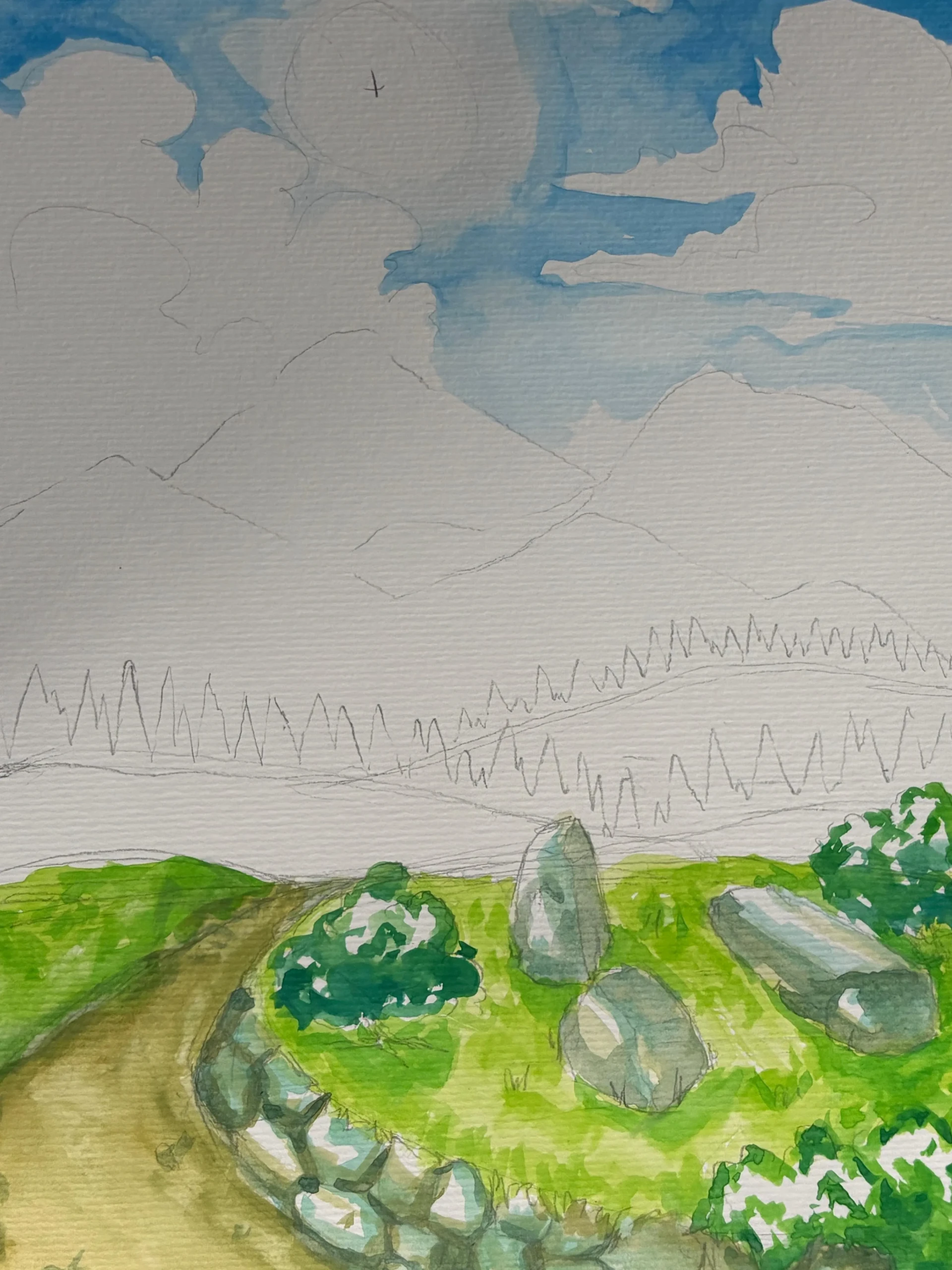 peindre les rochers d’un paysage en perspective atmosphérique à l’aquarelle