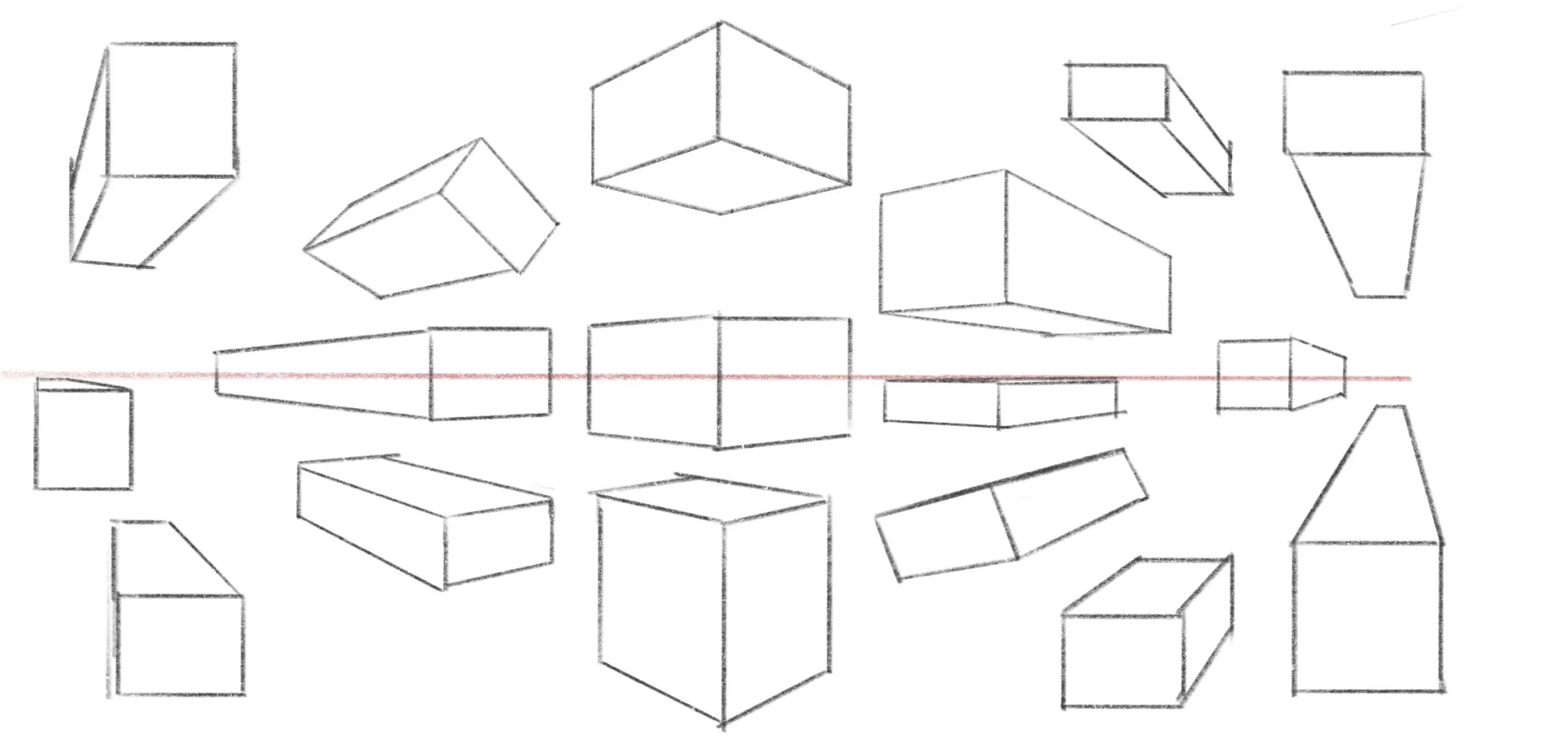dessiner différents cubes avec une perspective à deux points de fuite