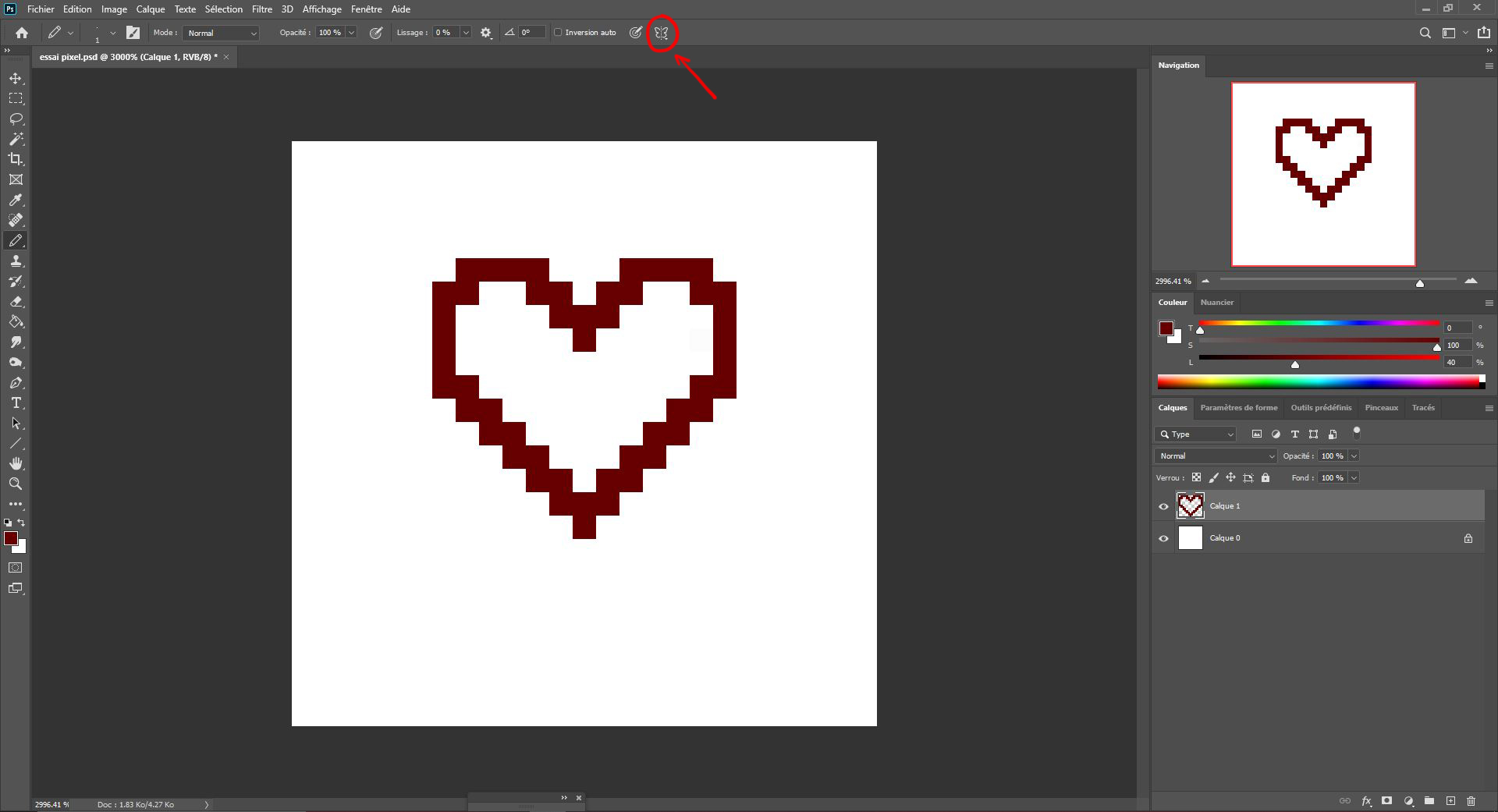 dessiner la base d’un coeur en pixel art