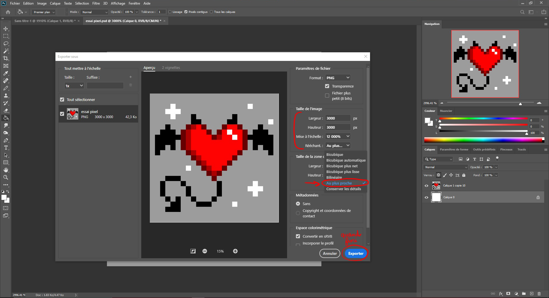 exporter le dessin de coeur en pixel art 2