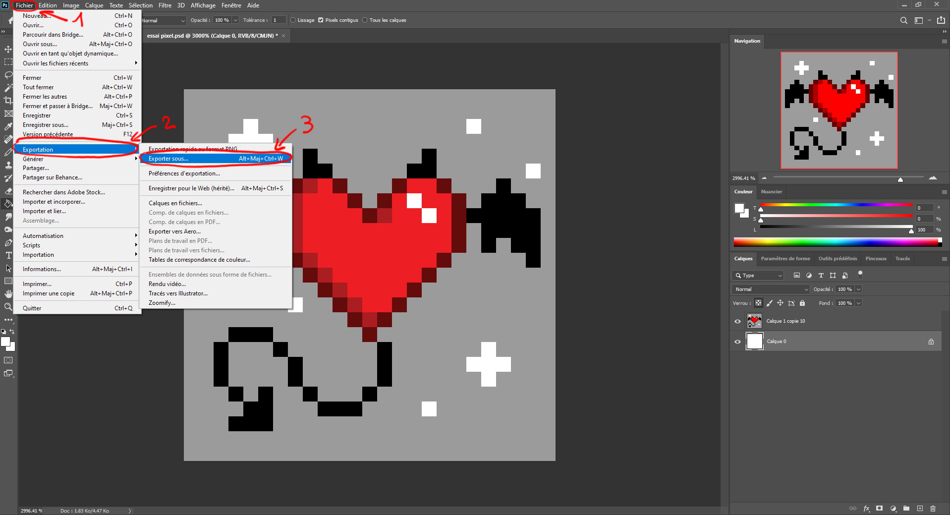 exporter le dessin de coeur en pixel art