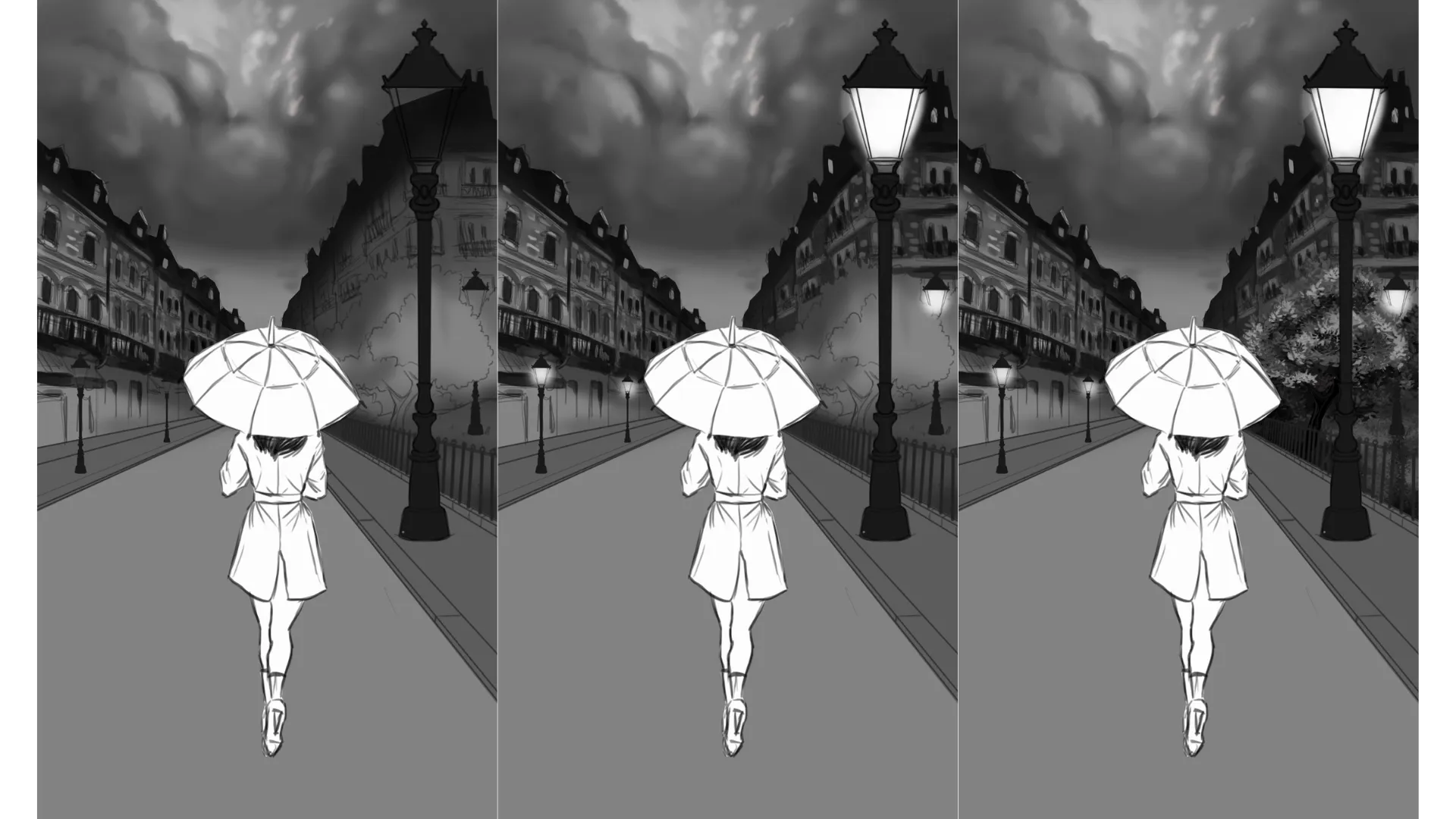 dessiner les bâtiments d’un paysage pluvieux