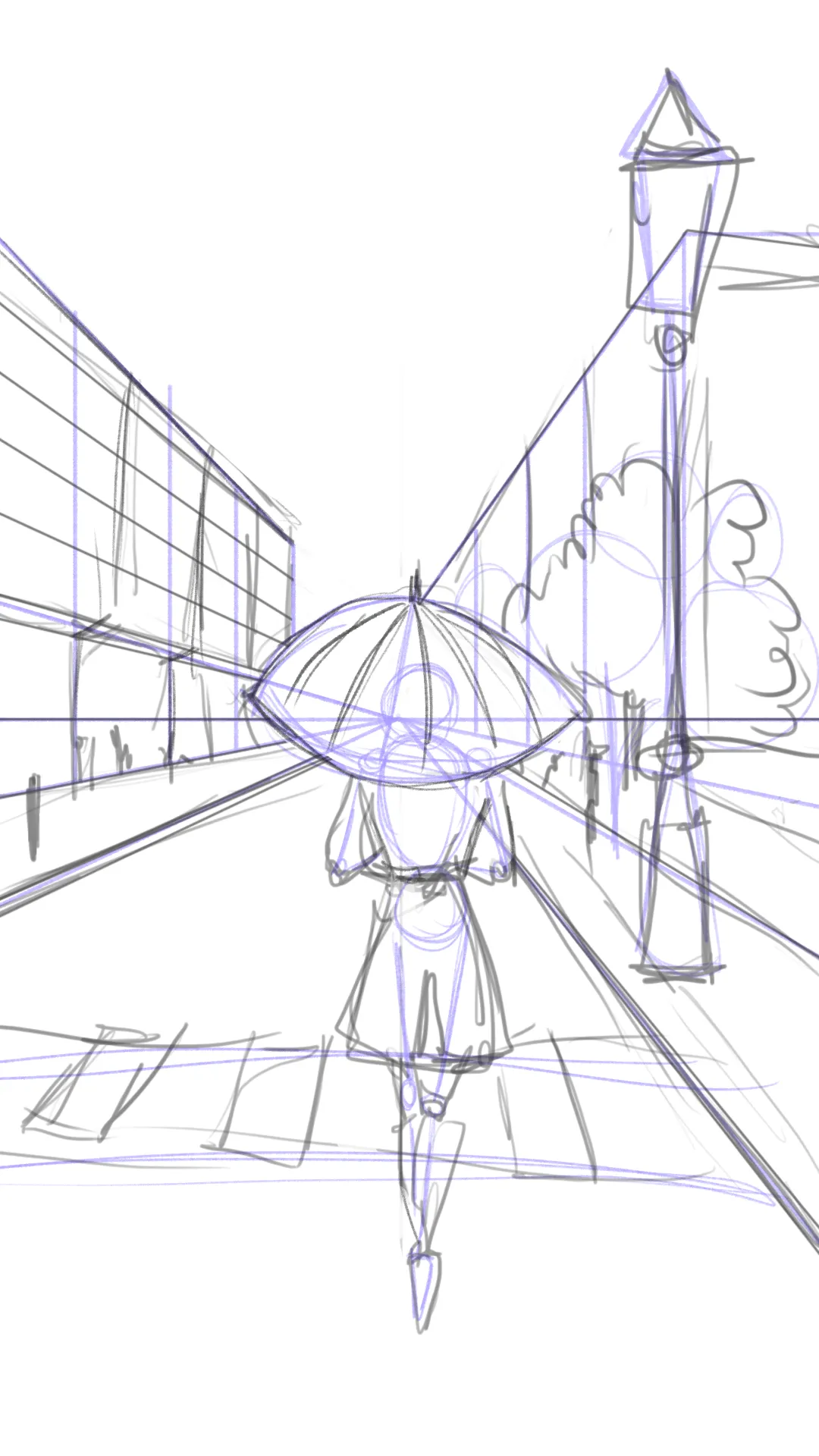 dessiner les formes personnage dans un paysage pluvieux