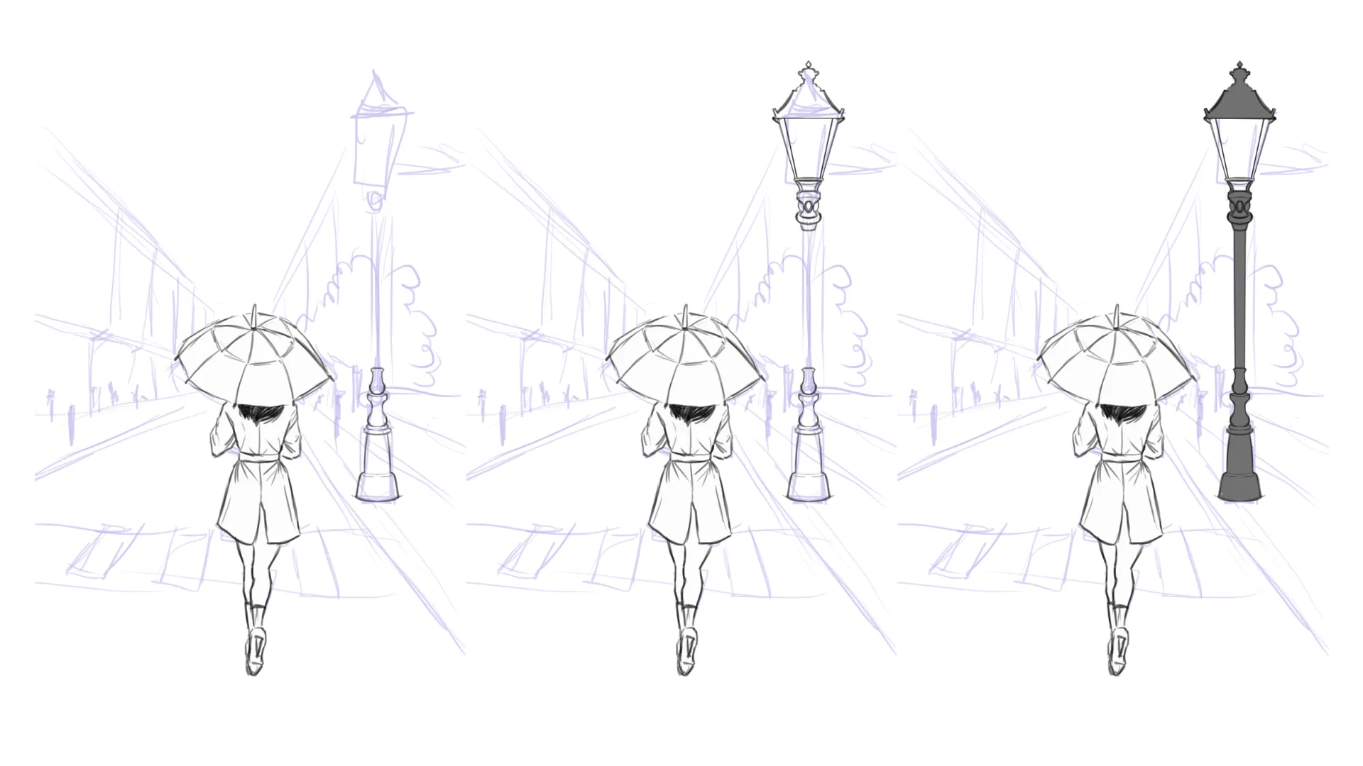 dessiner un lampadaire dans un paysage pluvieux