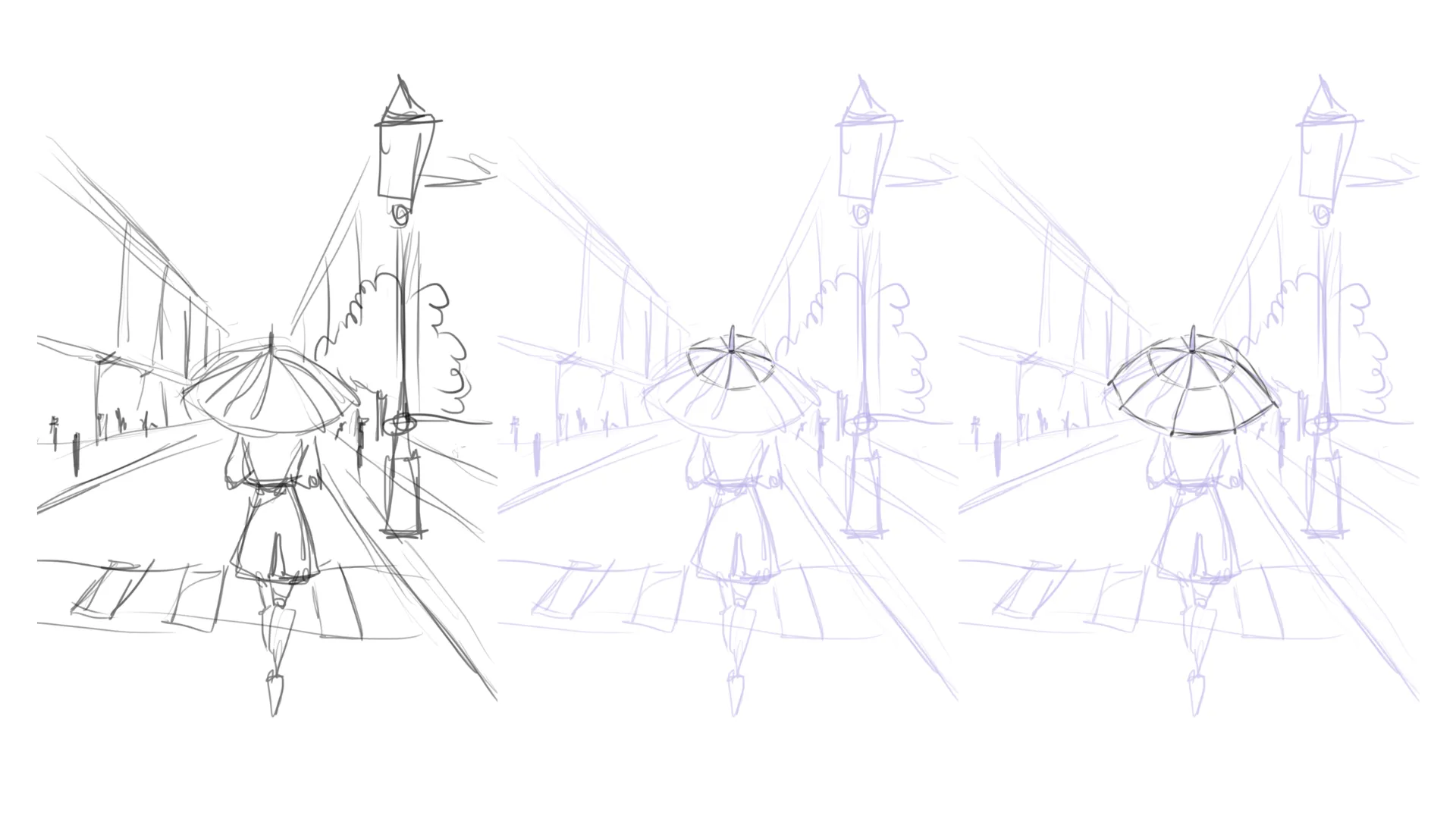 dessiner un personnage avec un parapluie dans un paysage pluvieux