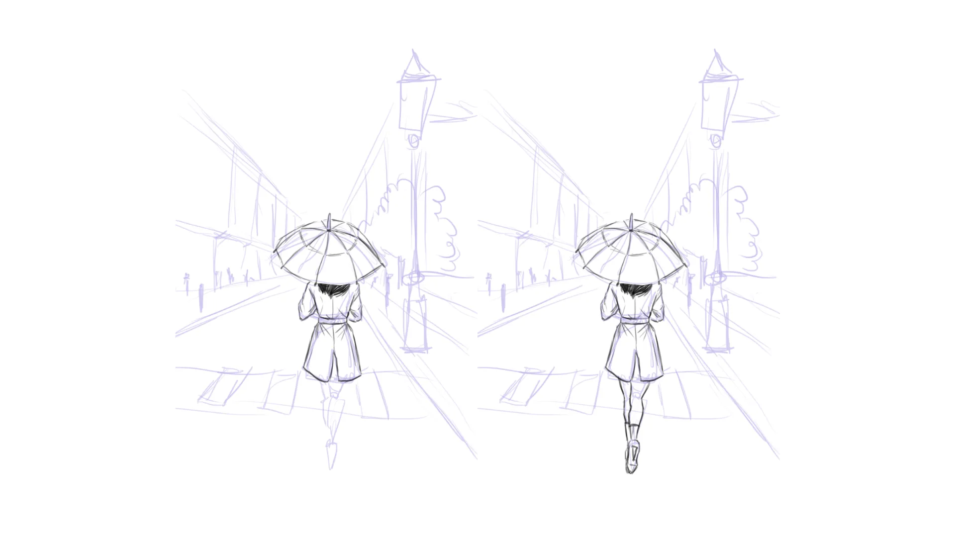 dessiner les vêtements d’un personnage dans un paysage pluvieux