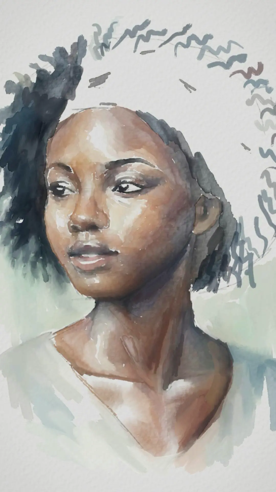 pintar los rizos del cabello de un retrato en acuarela