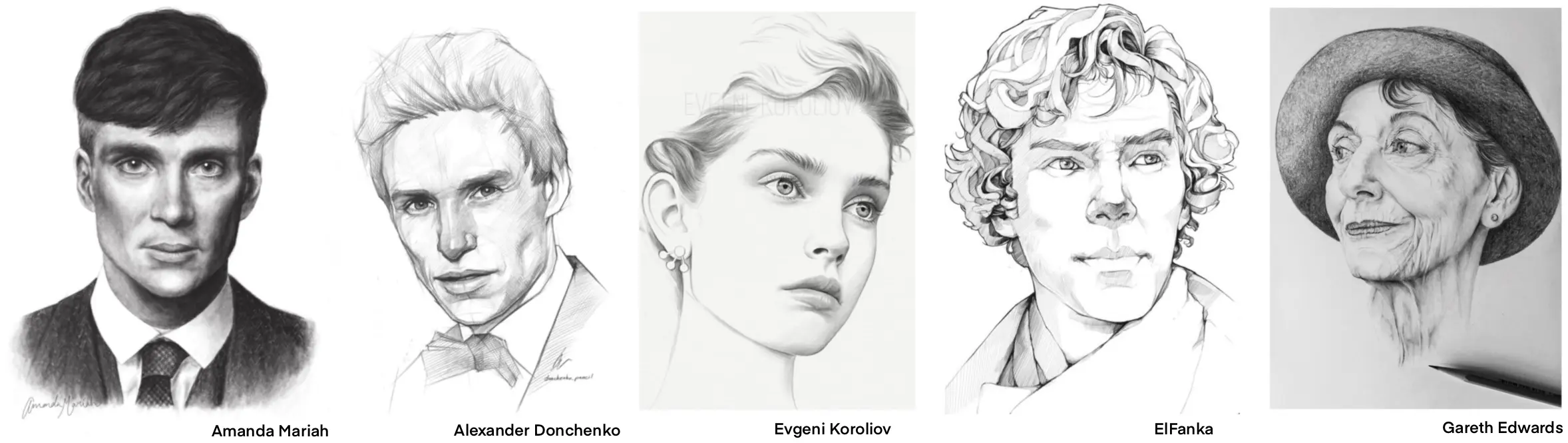 exemples de plusieurs portraits dessinés au crayon