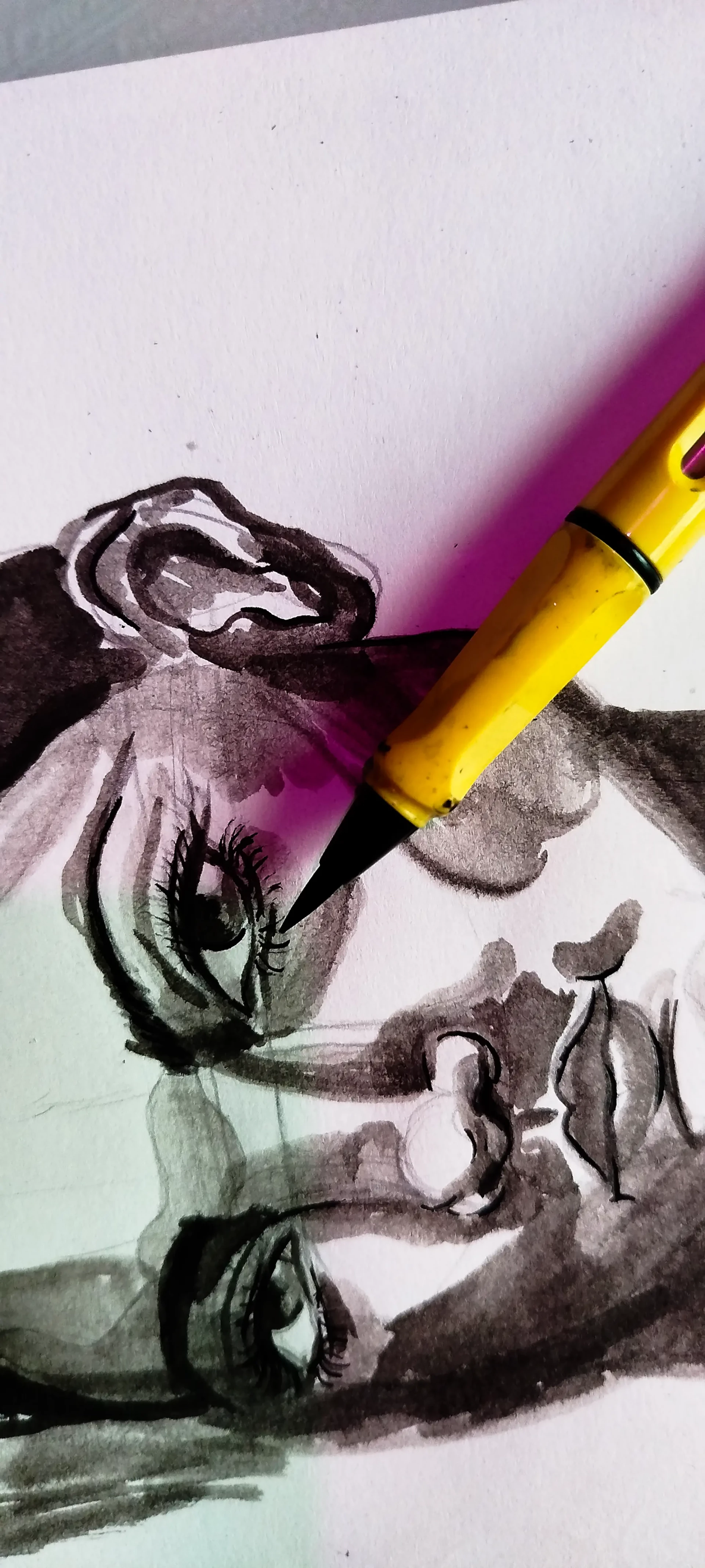 drawing the shadows of a portrait in India ink