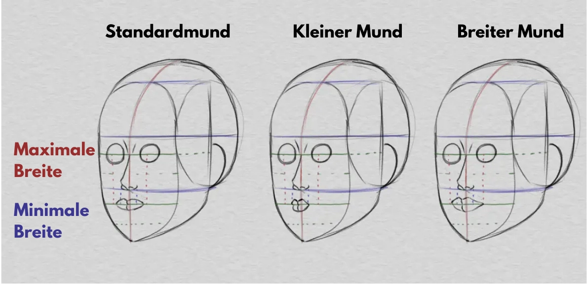 zeichne den Mund und die Proportionen des Gesichts