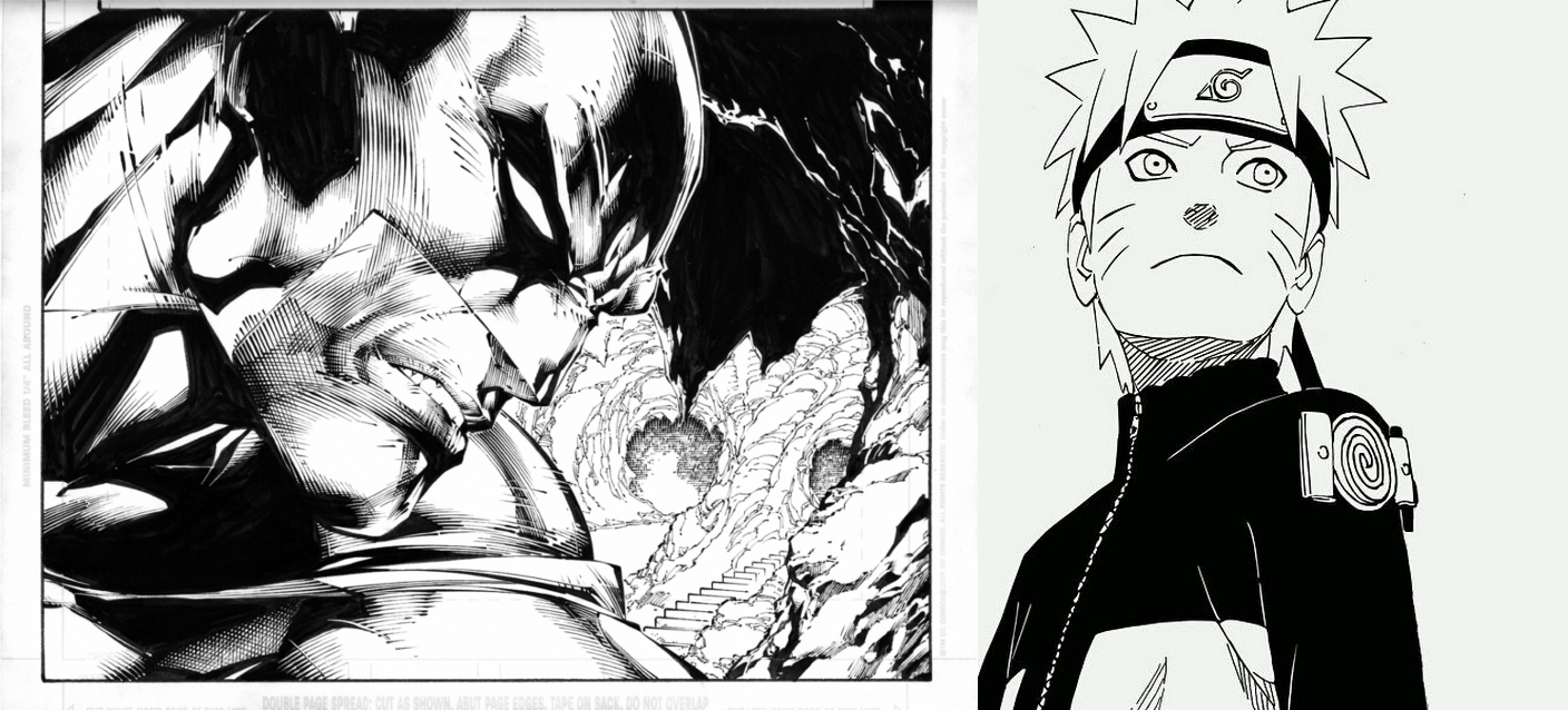Style de dessin aux traits variés, ici Batman comparé à Naruto