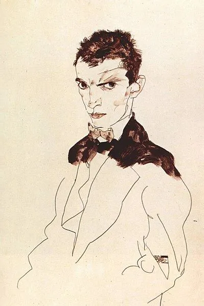 autoportrait d’Egon Schiele réalisé avec la technique du trait continu 
