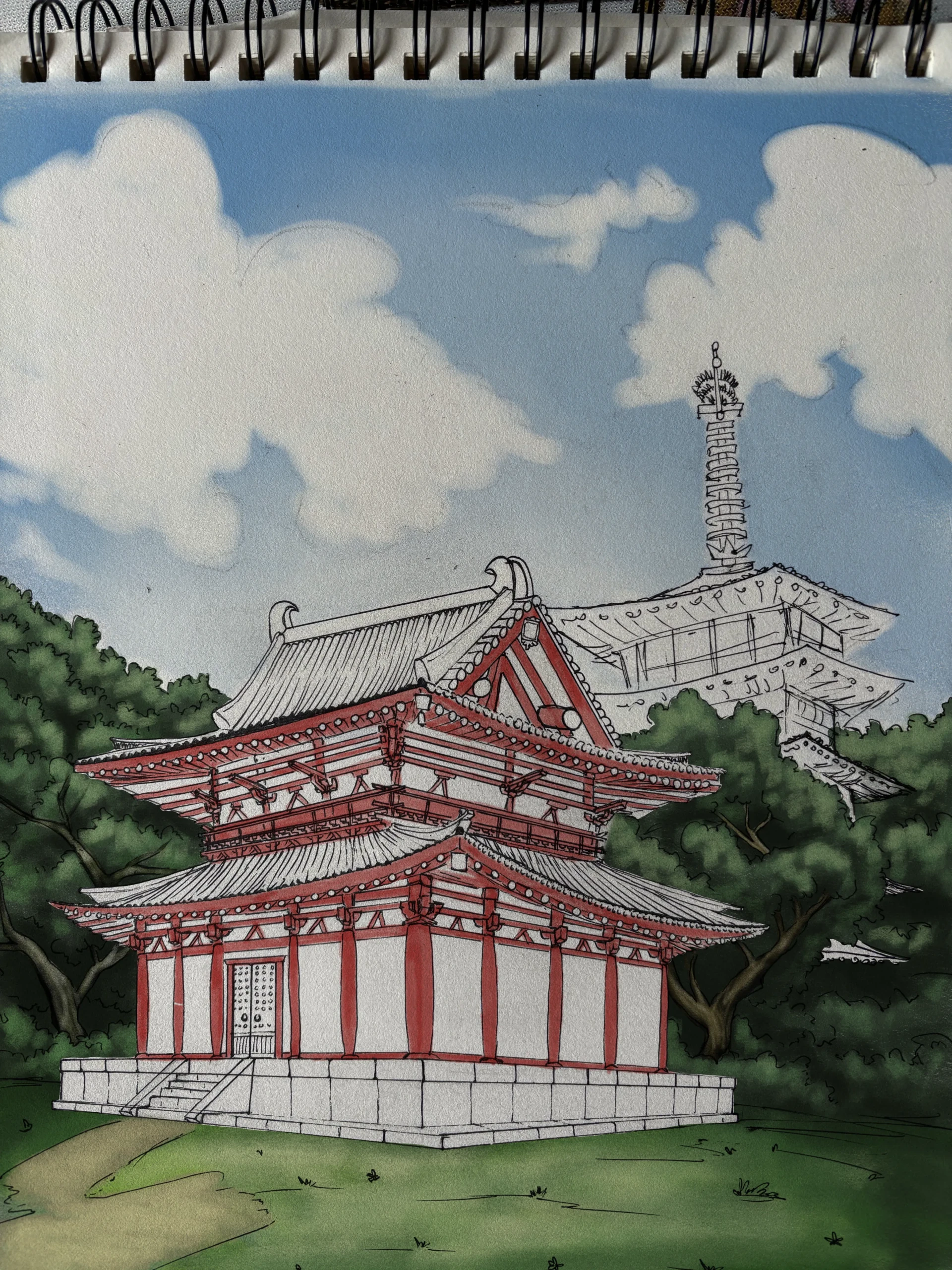 dessiner les détails d’un temple japonais