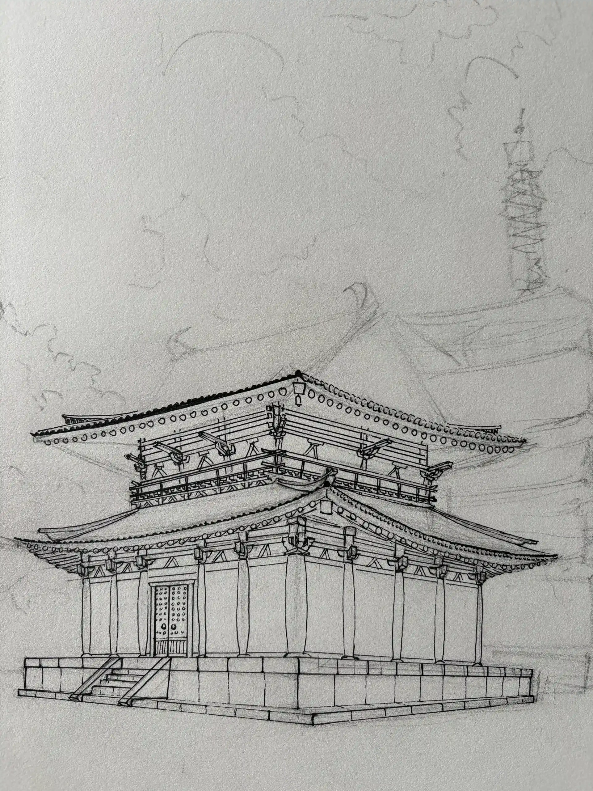 dessiner le deuxième étage d’un temple japonais