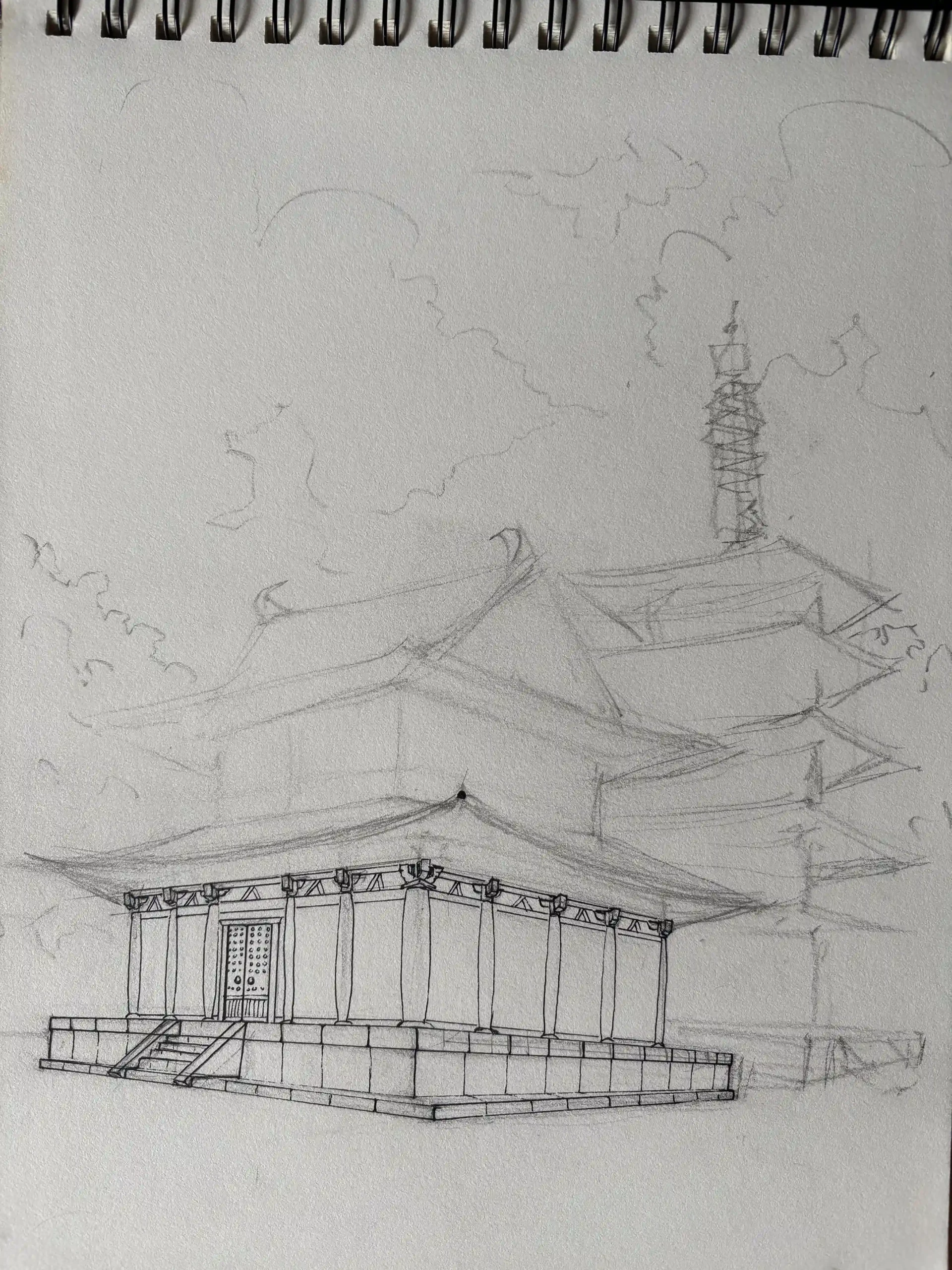 dessiner les poutres en bois d’un temple japonais