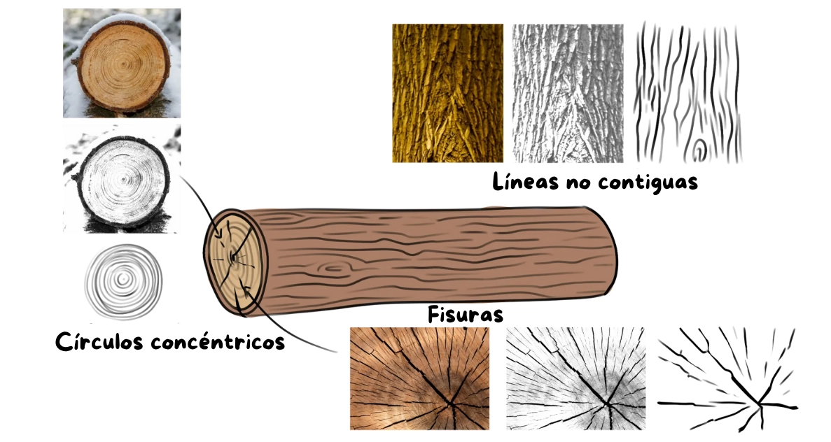 esquema de un tronco de madera para dibujar su textura