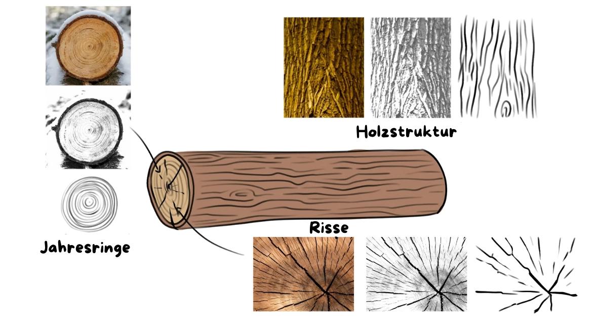 Schema eines Holzscheits zum Zeichnen seiner Textur