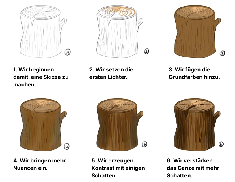 die Textur eines Holzstamms zeichnen