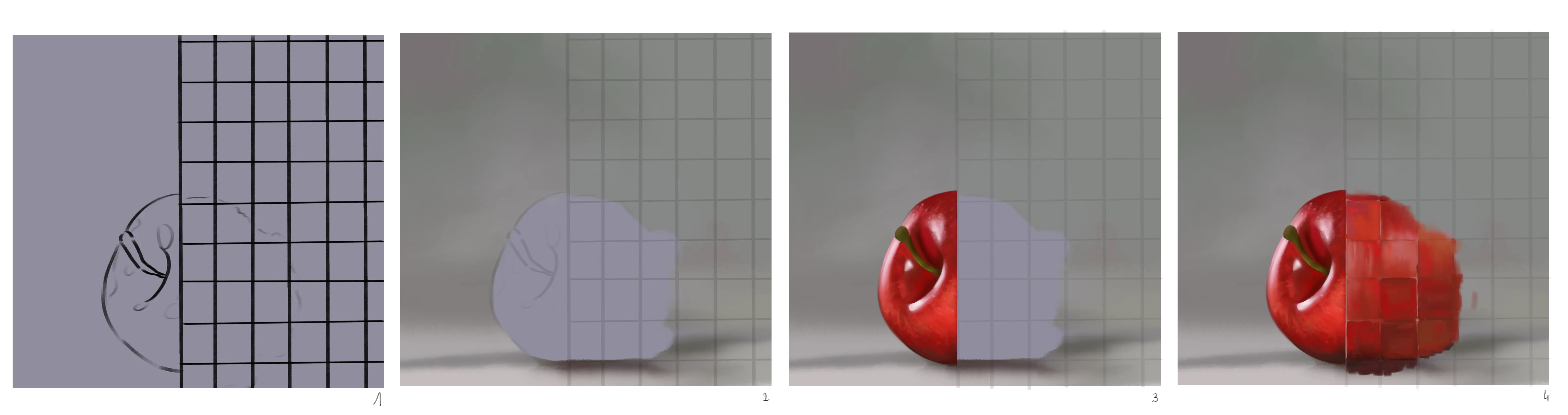 croquis d’une pomme derrière une paroi transparente