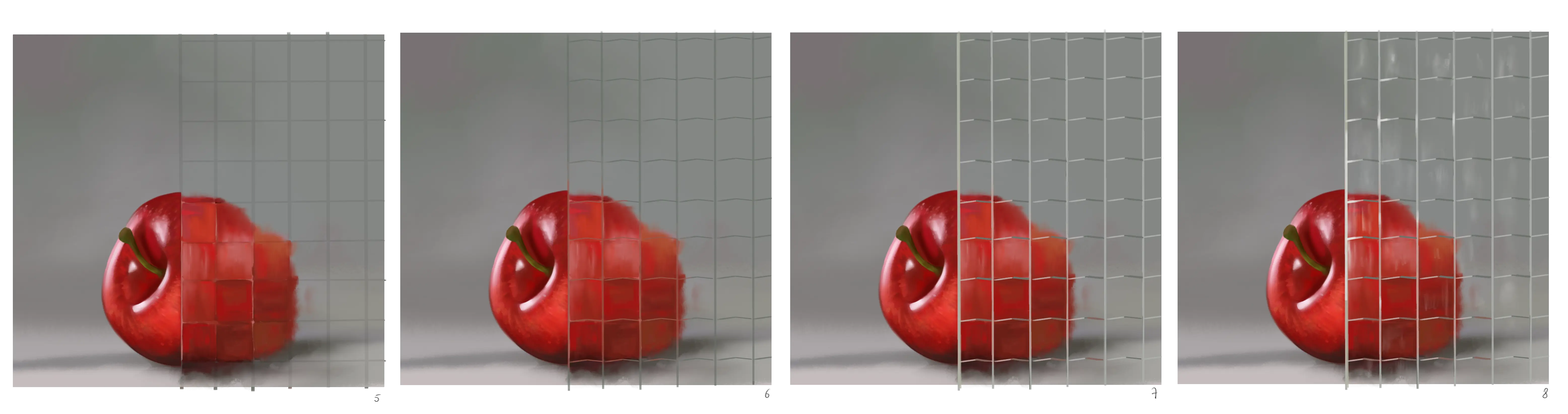 dessin d’une pomme derrière une paroi transparente