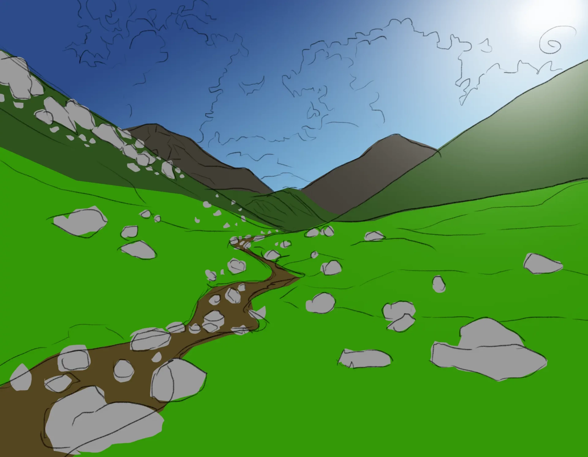 draw the rocks of a valley