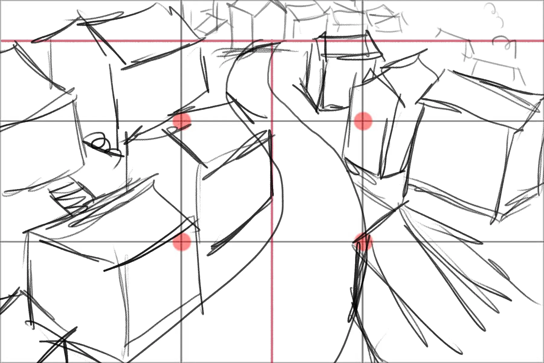 draw the houses of a village in the background