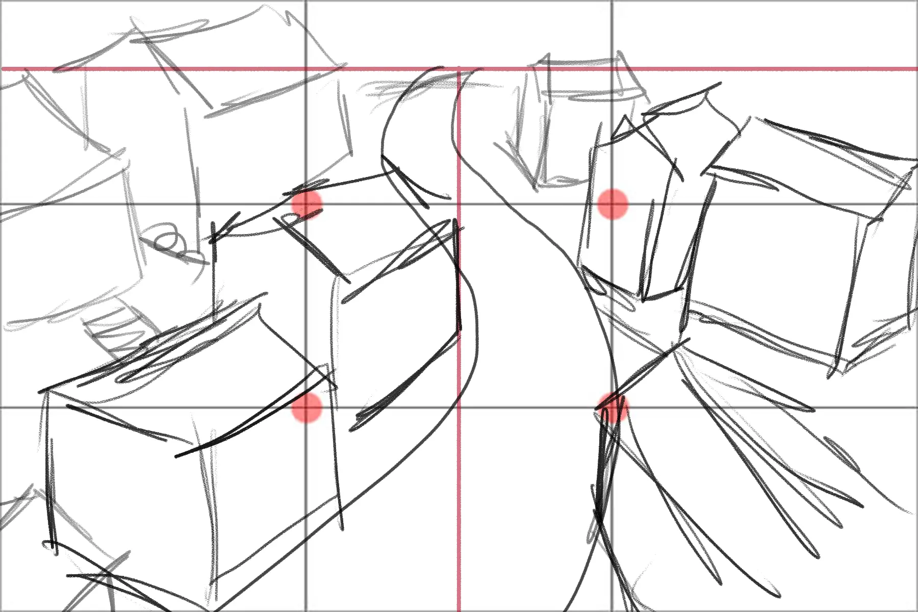 draw the houses of a village in perspective