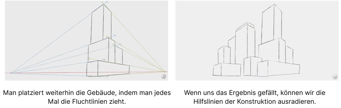 die Gebäude einer Stadt in Perspektive zeichnen