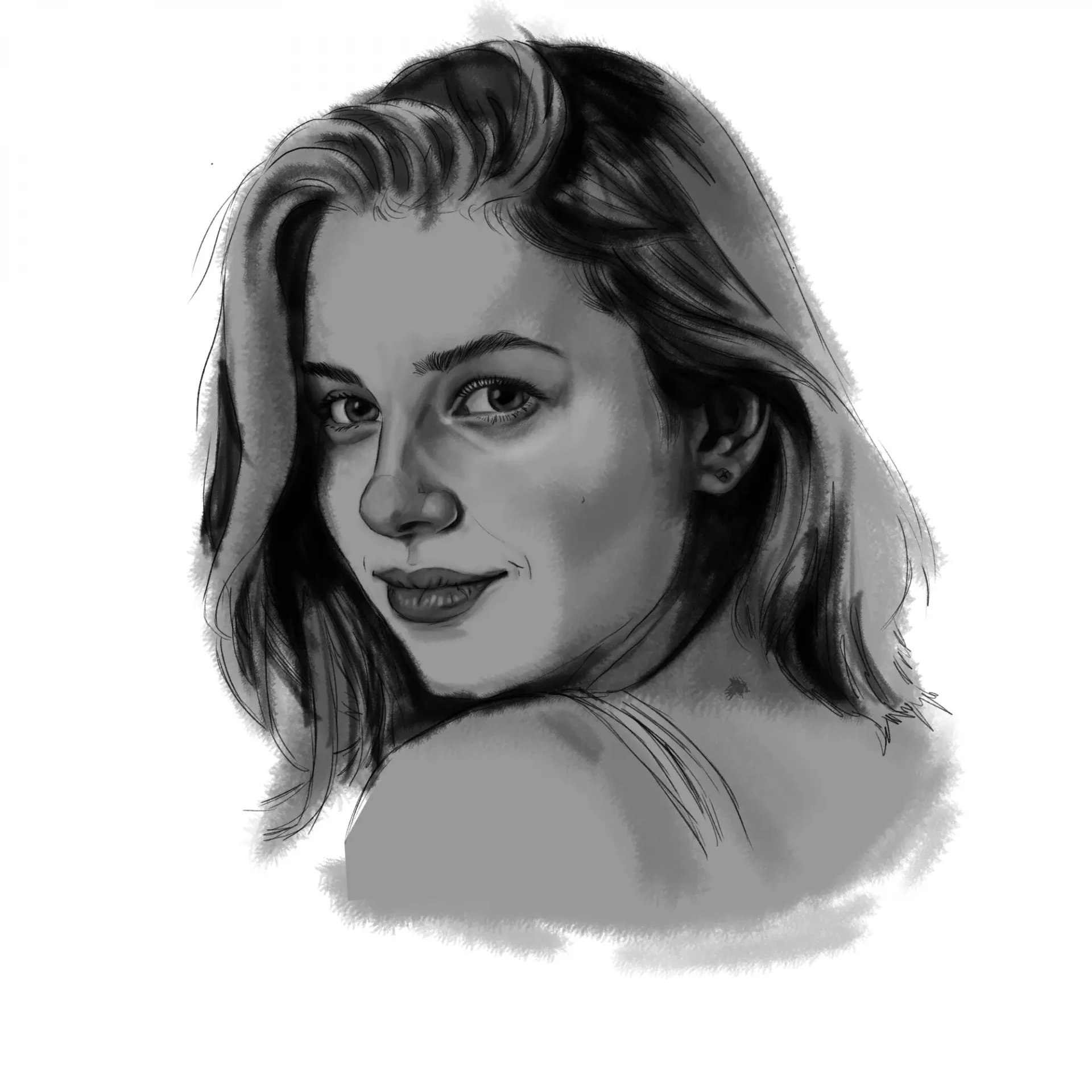 dessiner l’oreille d’un visage en noir et blanc