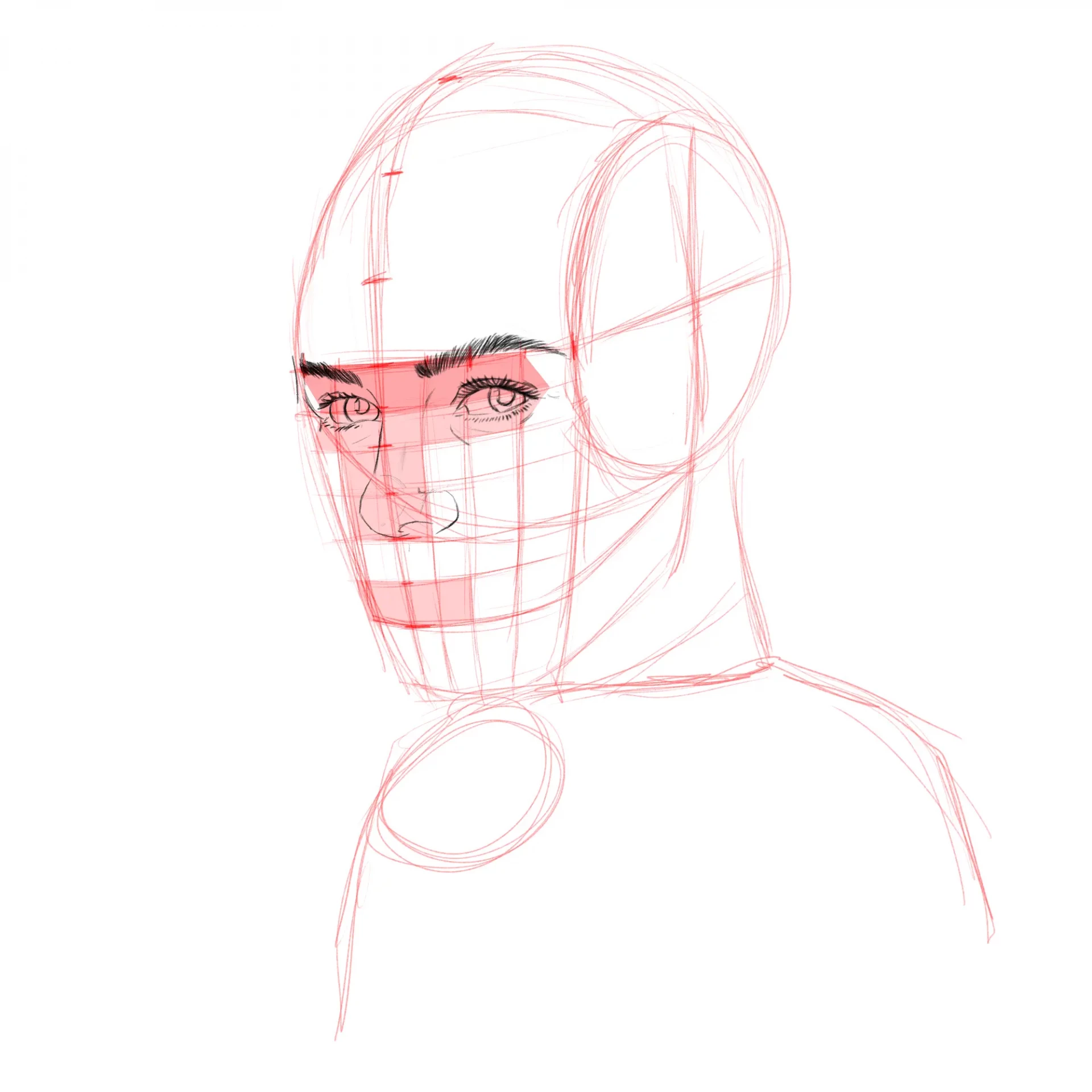 dessiner un visage en noir et blanc en perspective trois quarts