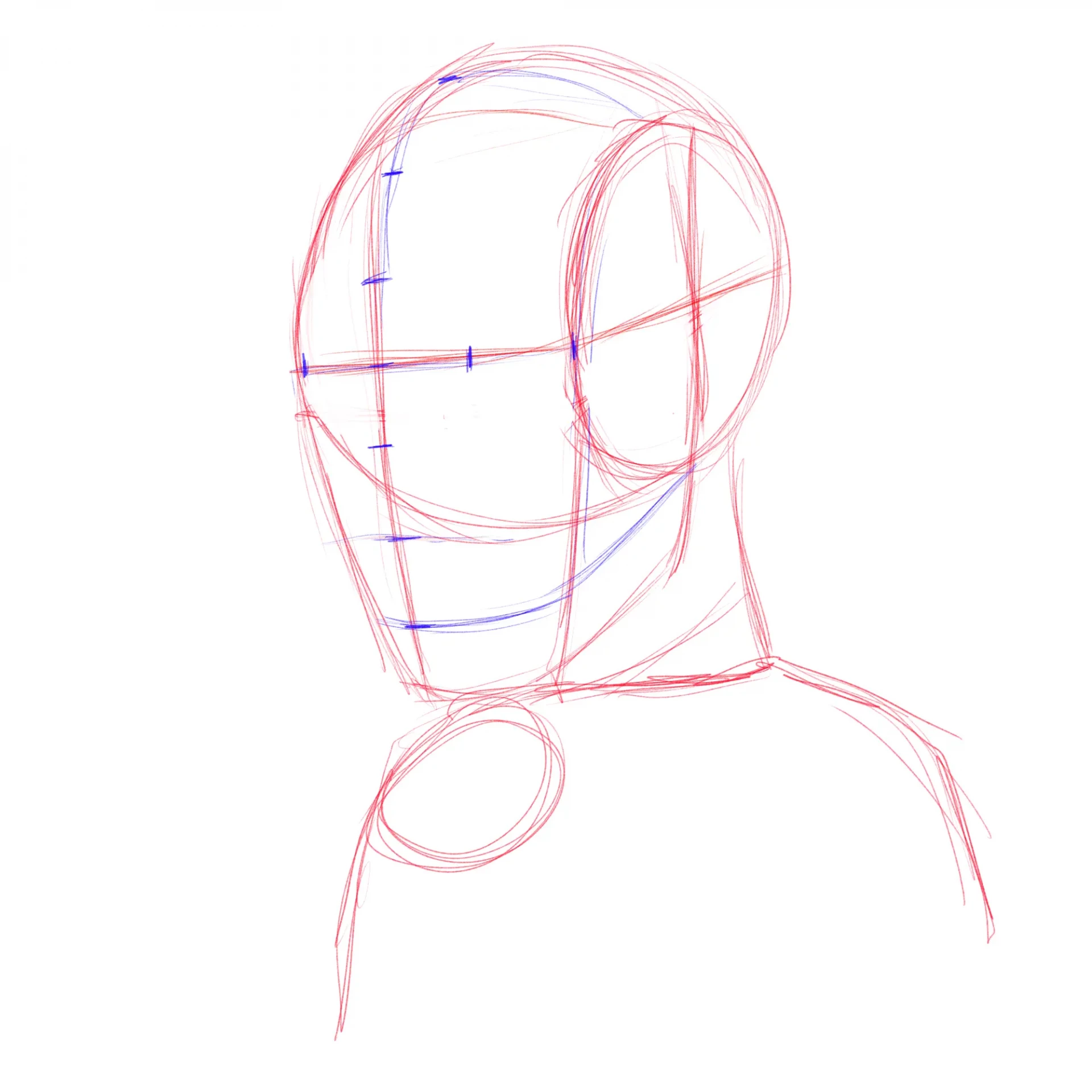 dessiner les repères du croquis d’un visage en noir et blanc