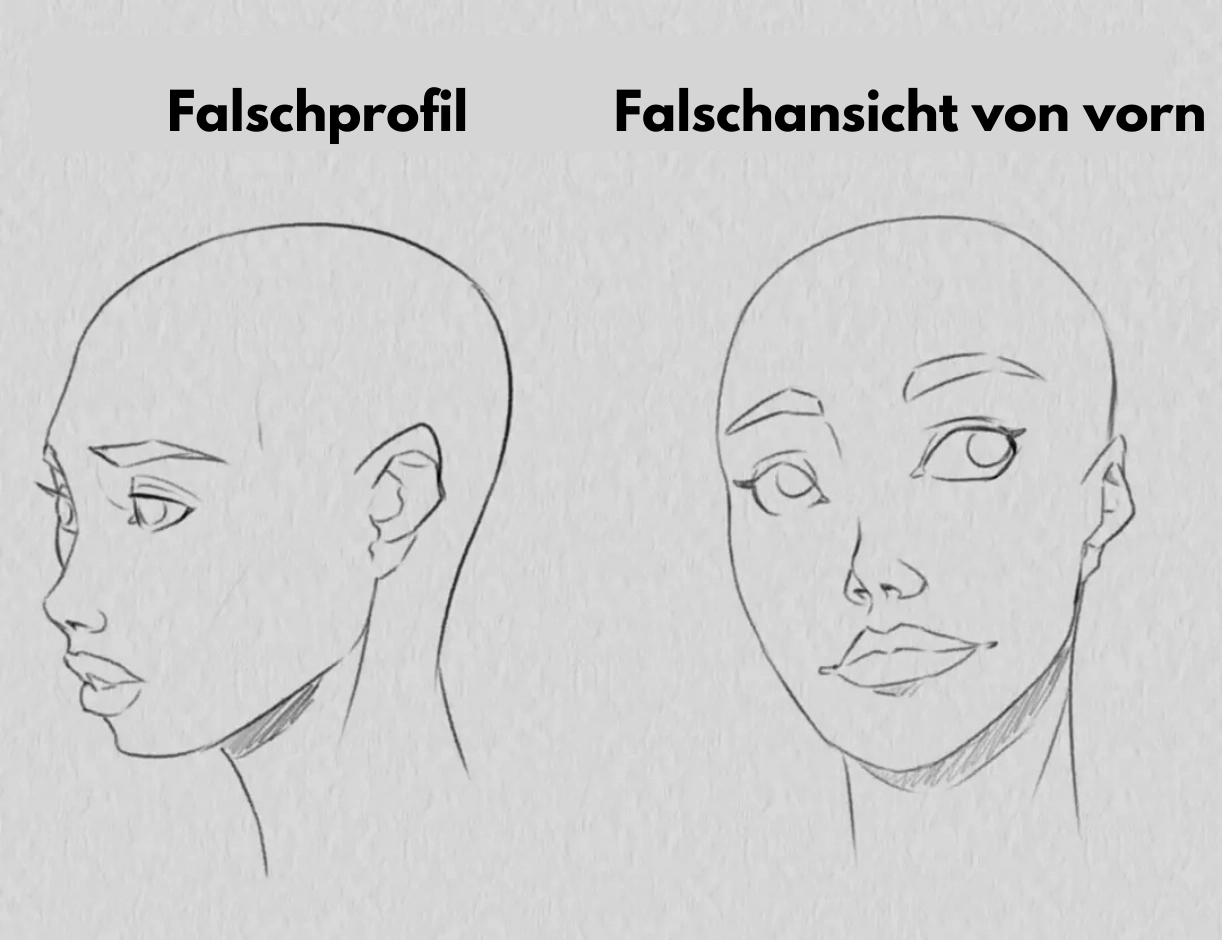 Beispiel einer Zeichnung eines falschen Profils und einer falschen Dreiviertelansicht