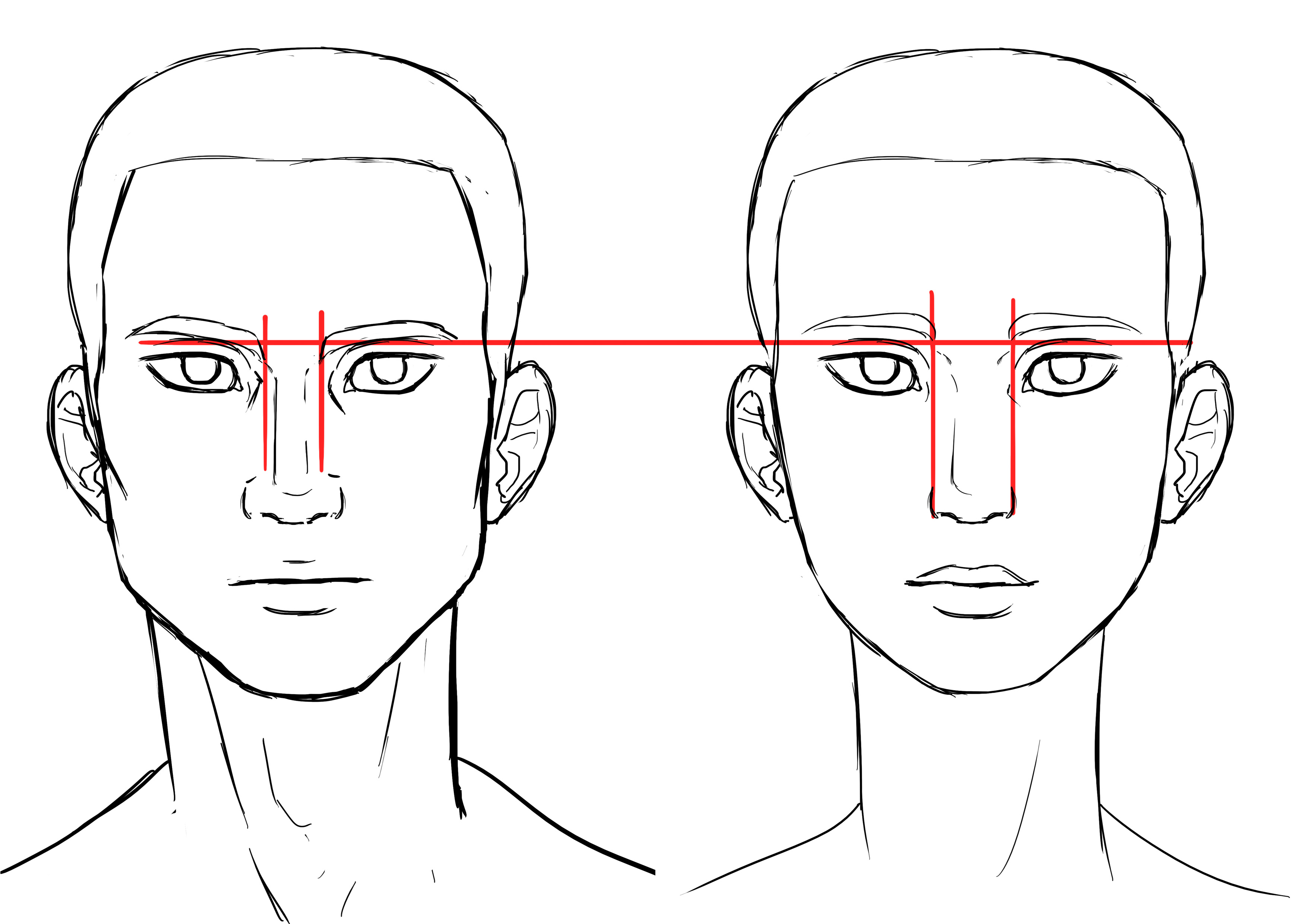 différences des yeux de face dans le dessin de visage d’homme et de femme