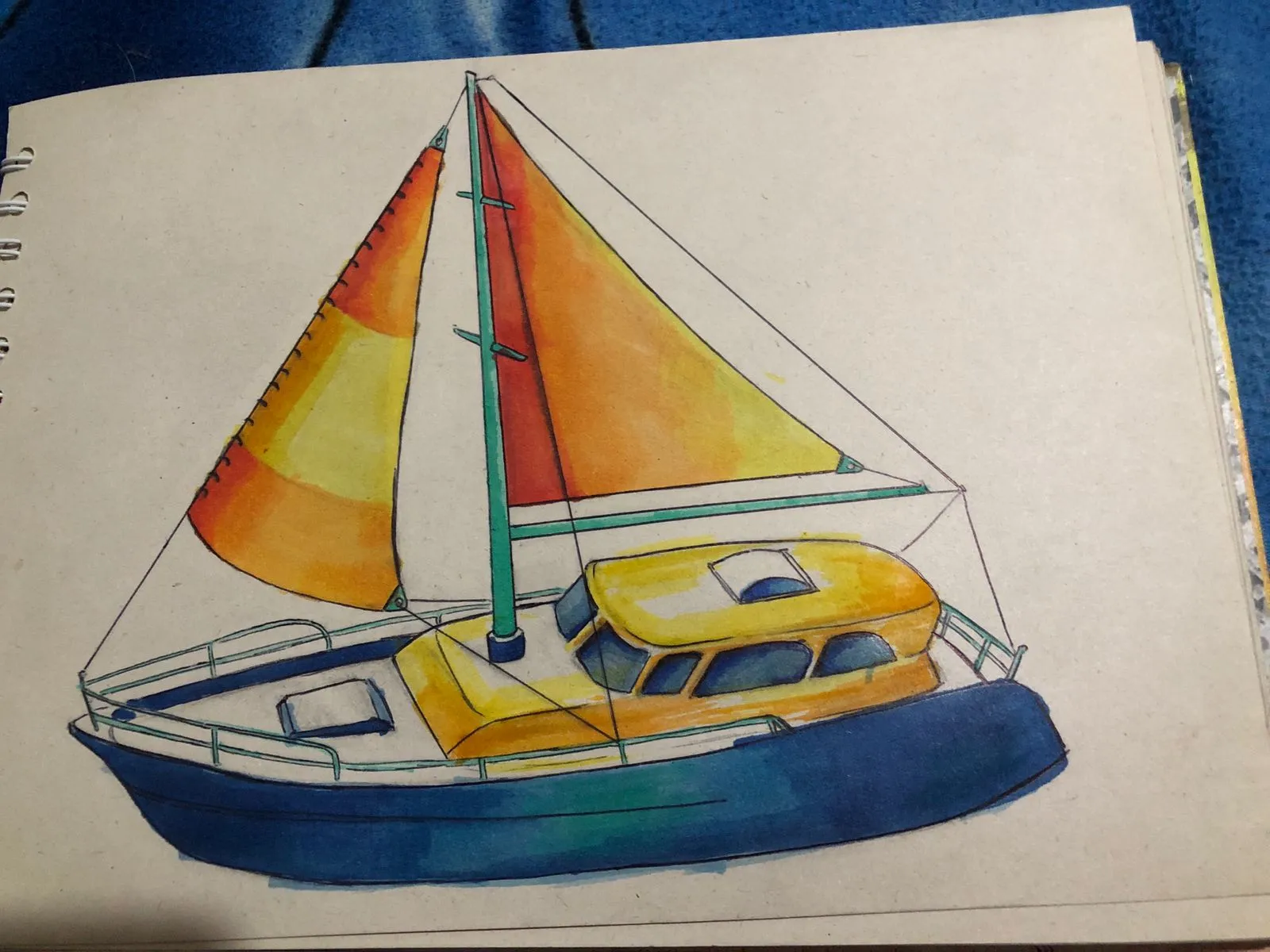 add the color of the cabin to the drawing of a sailboat